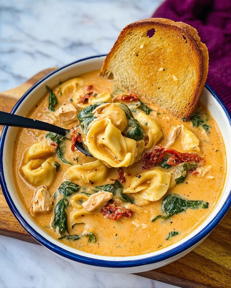 A white bowl with a blue rim holds creamy orange soup filled with tortellini pasta that looks soft and smooth, mixed with green spinach leaves and red sun-dried tomatoes scattered inside. Pieces of white chicken are mixed throughout the soup, which has a thick texture. A golden-brown toasted slice of bread rests on the bowl edge, slightly dipped in the soup. A black spoon is inside the bowl, lifting some pasta and soup. The bowl is placed on a wooden board with a white marbled background and a purple cloth nearby. photo taken with an iphone --ar 4:5 --v 7