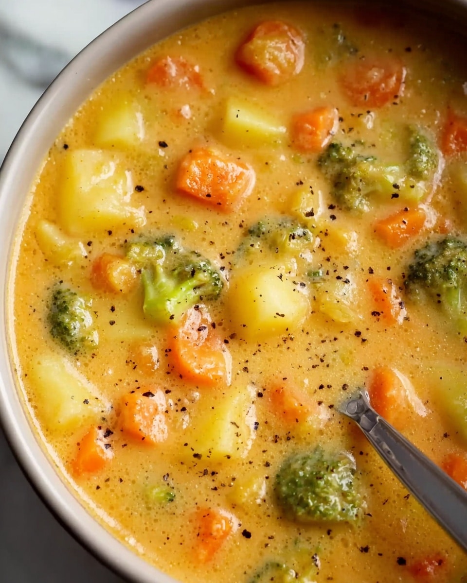 A close-up of a bowl of creamy soup filled with bright green broccoli pieces and light yellow potato chunks. On top of the soup is a large pile of shredded orange cheddar cheese, partially melting into the warm soup. A metal spoon is placed inside the bowl on the right side, with some cheese on it. The bowl is white, and the background is a white marbled texture. photo taken with an iphone --ar 4:5 --v 7