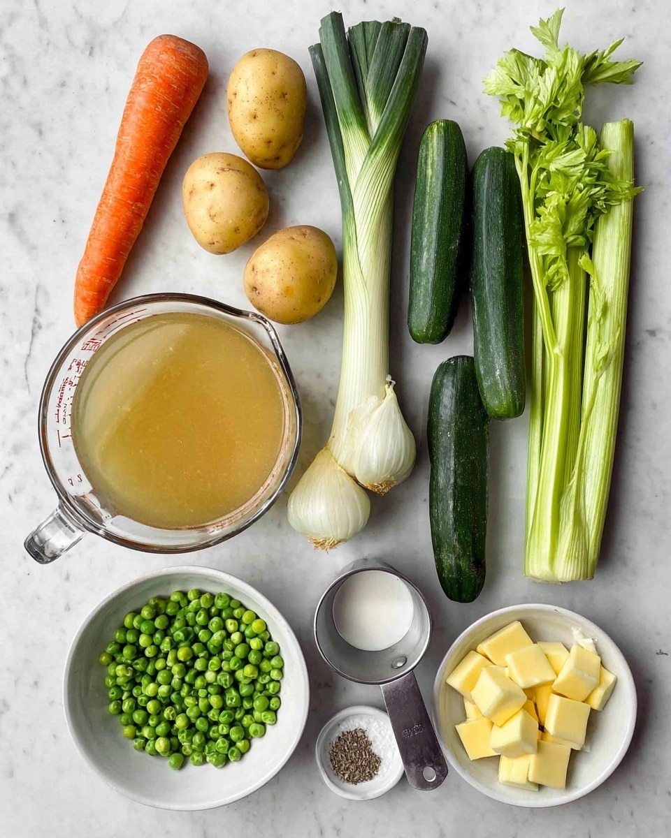 The image shows fresh raw ingredients arranged neatly on a white marbled surface. Starting from the top, there is one whole orange carrot placed horizontally. Below that are three long green leeks with white bases, positioned vertically. To the right of the leeks are two light brown potatoes side by side, and next to them are three dark green zucchinis aligned vertically. On the far right, three stalks of bright green celery with leafy tops stand vertically. Below these vegetables, a glass measuring cup filled with light brown broth is on the left, while a small white bowl filled with frozen green peas is to the right of the broth. Next to the peas, there is a metal measuring cup with a white creamy liquid. On the far right, two small white bowls hold yellow butter cubes and a mix of white salt and black pepper. The photo taken with an iphone --ar 4:5 --v 7