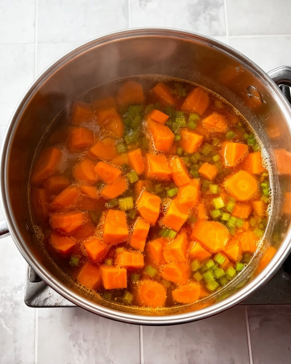A bowl of thick orange soup with a smooth but slightly chunky texture fills most of the white bowl with a blue rim, placed on a bright blue cloth on a white marbled surface. In the center of the soup, three small fresh green leaves are placed as decoration. Around the bowl, there are two whole orange carrots at the bottom, a shiny silver spoon on the right, and two whole round squashes, one yellow and one green with white stripes, placed near the top right corner. Photo taken with an iphone --ar 4:5 --v 7