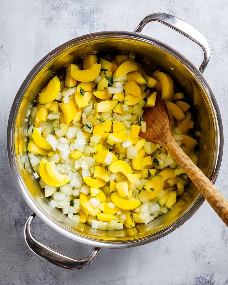 Inside a large shiny silver pot with two handles, there are chopped yellow squash pieces and diced white onions mixed together. The yellow squash pieces are crescent-shaped and bright yellow, scattered evenly throughout the pot. The diced onions are small white cubes, spread among the squash. A few small green herb leaves are sprinkled in between the vegetables. A long wooden spoon is resting inside the pot on the right side, partially submerged in the vegetables. The pot sits on a white marbled textured surface. photo taken with an iphone --ar 4:5 --v 7