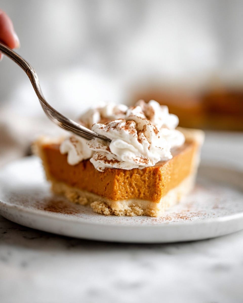 The image shows a round pumpkin pie on a white plate. The pie has a smooth orange filling with a slightly darker crust edge, decorated with small, light beige dough leaves on top arranged mostly on one side. The crust has a textured, folded border all around. The plate sits on a white marbled surface with a textured white cloth nearby. Photo taken with an iphone --ar 4:5 --v 7