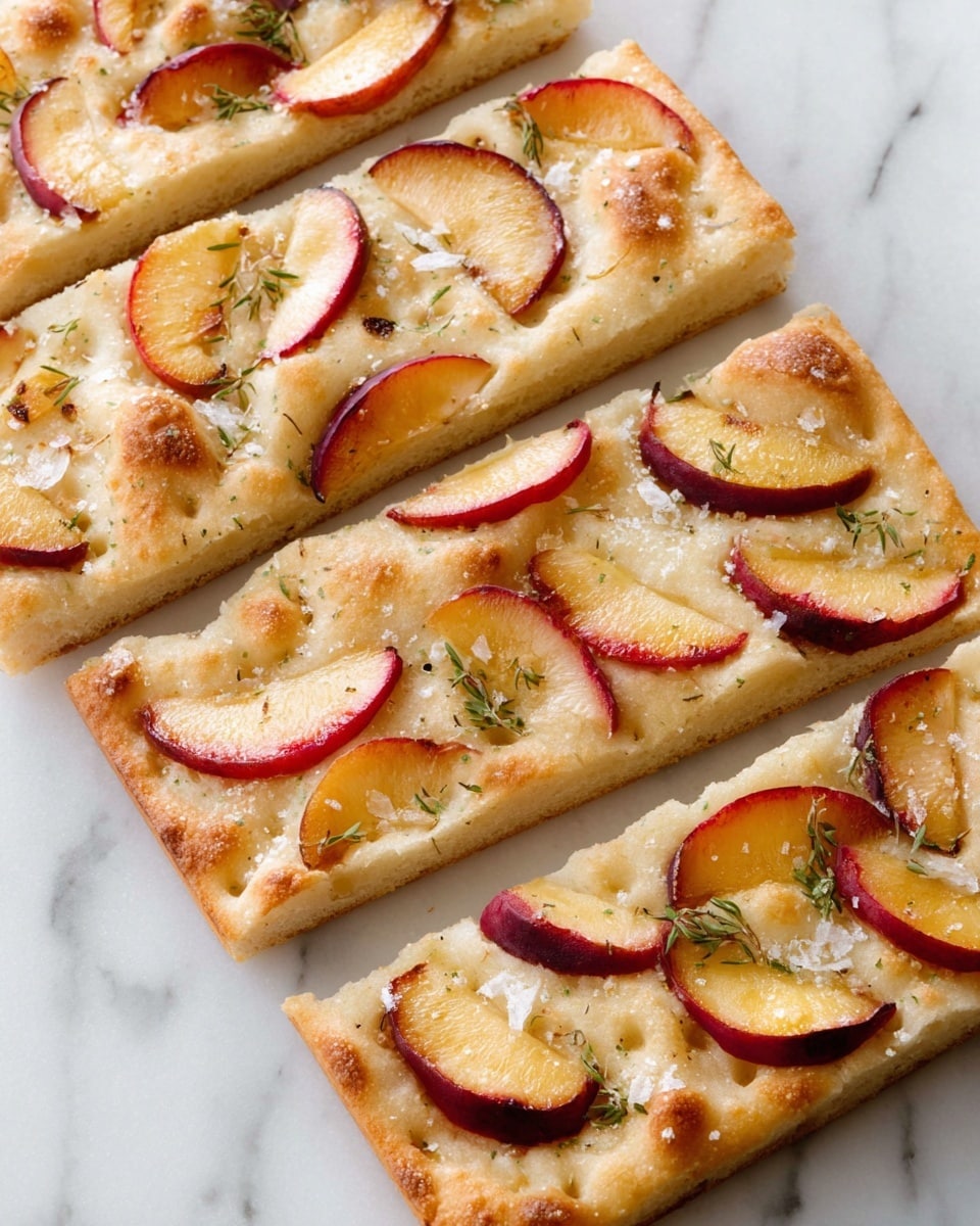 A white rectangular flatbread cut into three pieces is shown on a white marbled texture. The flatbread has a light golden crust with a soft, slightly airy inside. Each piece is topped with thin slices of red and yellow peaches, scattered evenly on the surface. Small bits of green herb leaves and some coarse salt crystals are visible between the peach slices, adding color and texture to the flatbread. The crust has gentle dimples across the top, giving it a rustic look. photo taken with an iphone --ar 4:5 --v 7