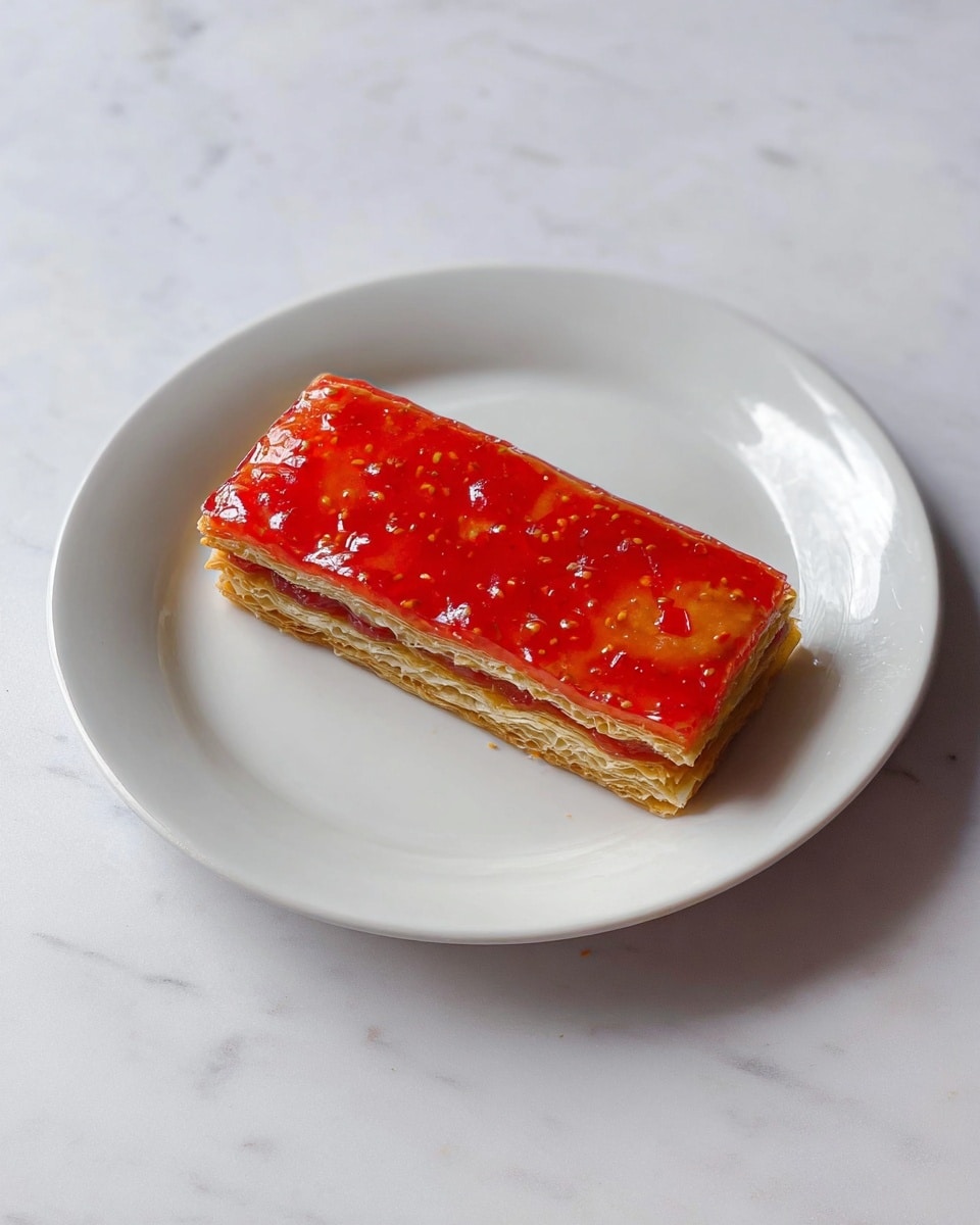 Three rectangular pieces of golden-brown pastry are placed side by side on a white plate. Each pastry has a shiny, bright red jam layer spread unevenly on top, creating a glossy texture with some areas thicker than others. The plate sits on a white marbled surface, and the pastries show a slightly crispy and flaky crust around the edges. photo taken with an iphone --ar 4:5 --v 7