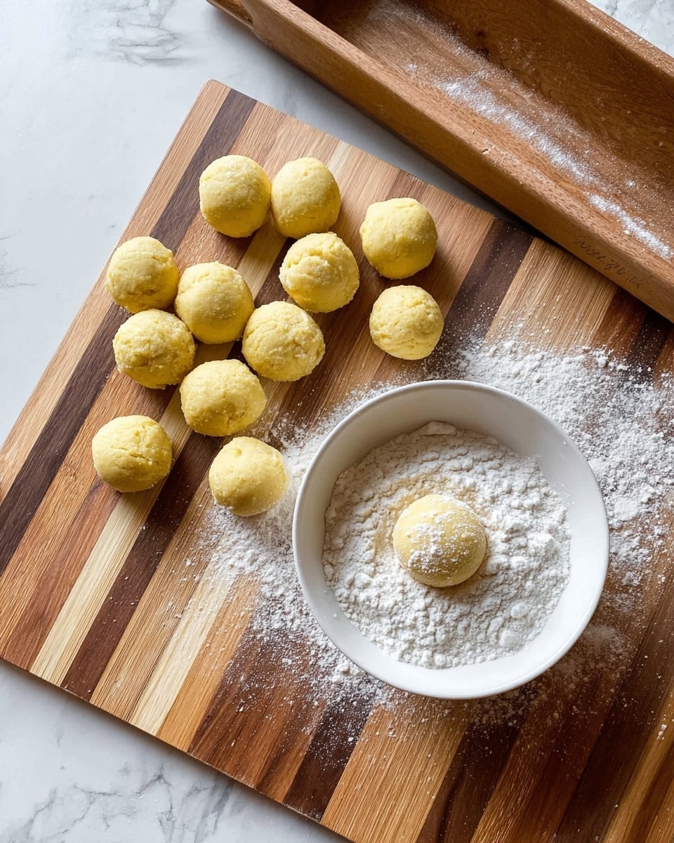 The image shows small round dough balls that are light yellow in color, placed on a wooden board with a striped pattern. One dough ball is inside a white bowl filled with white flour, which lightly coats the dough ball. The wooden board sits on a white marbled surface, and there is part of a baking tray beside the dough balls. photo taken with an iphone --ar 4:5 --v 7