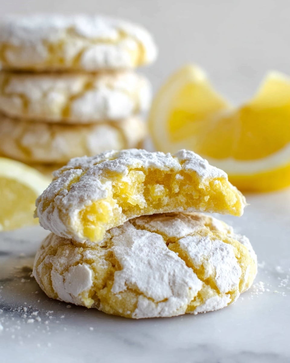 A close-up of a cracked lemon cookie with a bite taken from the right side, showing its soft, yellow inner texture. The cookie is coated with a layer of powdered sugar that creates a cracked white pattern on a pale yellow surface. In the background, a stack of lemon cookies is blurred, showing the same cracked texture. Two lemon slices, one slightly out of focus, lie on the white marbled surface nearby. The overall scene is bright and clean. photo taken with an iphone --ar 4:5 --v 7