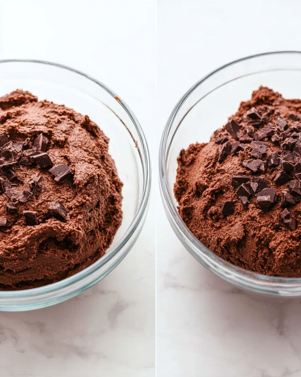 The image shows two clear glass bowls filled with chocolate dough containing dark chocolate chunks. In both bowls, the dough is thick and fluffy with rough, uneven surfaces and a deep brown color. The chocolate pieces are scattered unevenly throughout the dough, adding texture and contrast. The bowls sit on a white marbled surface, and the background is also white, making the dark dough stand out. The bowls have a simple design, allowing full view of the chocolate dough inside. photo taken with an iphone --ar 4:5 --v 7
