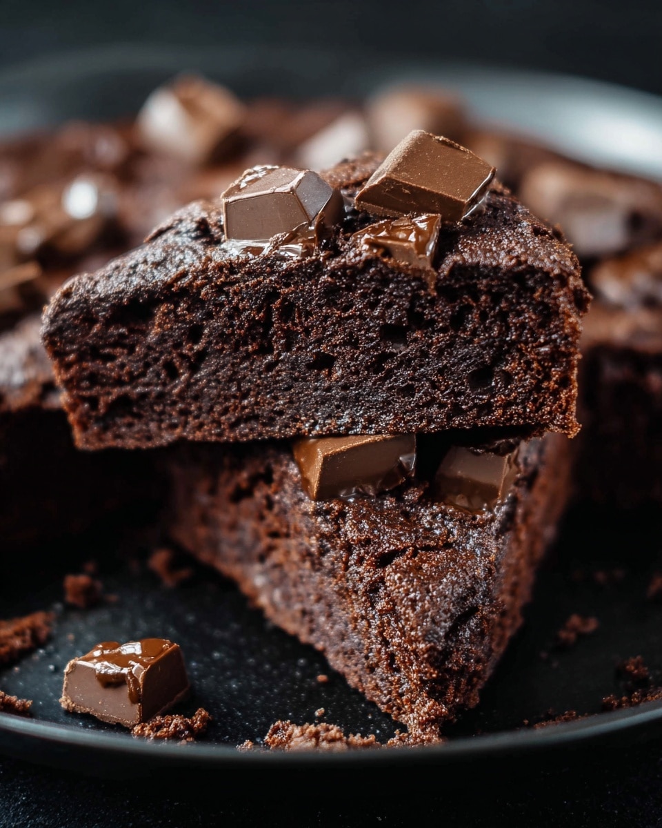 A thick, dark brown chocolate cake baked in a black cast iron pan fills the frame, topped with scattered medium-sized chocolate squares that are slightly melted and shiny. The cake surface has a rich, textured look, slightly cracked in the center. Nearby, on a white marbled surface, there is a stack of two white plates and a small white bowl filled with chopped chocolate pieces. A knife with a dark brown wooden handle rests beside the pan, and several more chocolate pieces are scattered around. The overall setting is clean and bright, highlighting the deep brown tones of the cake and chocolate pieces. photo taken with an iphone --ar 4:5 --v 7