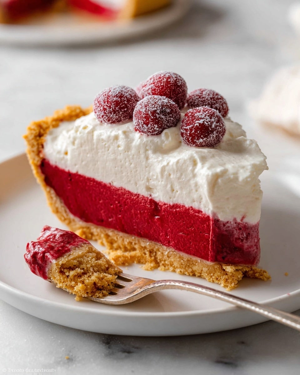 A round tart sits on a white marbled board, showing three clear layers: a crumbly light brown crust around the edge, a smooth dark red filling in the middle, and a thick layer of white whipped cream spread unevenly on top. On this cream layer are scattered bright red cranberries dusted with sugar. A slice of the tart is partly lifted by a woman's hand holding a silver pie server, creating a small gap in the cream and red filling. Nearby, a small bowl filled with sugared cranberries and two lit candles in textured brown holders are arranged on the white marbled surface. A white plate and a red and white striped cloth can be seen at the edge. photo taken with an iphone --ar 4:5 --v 7