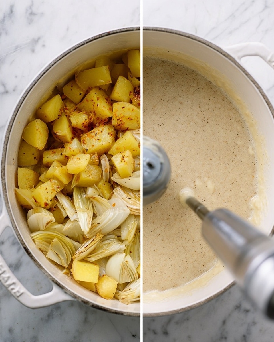 The image is split into two parts. On the left side, there is a white pot showing cooked yellow potato cubes, white and soft cooked onions, and light brown cooked fennel pieces, all with a slight golden tone from roasting. On the right side, the same white pot contains a creamy, light beige mixture being blended with a silver immersion blender, showing a smooth and slightly thick texture. The background surface is white marble. photo taken with an iphone --ar 4:5 --v 7