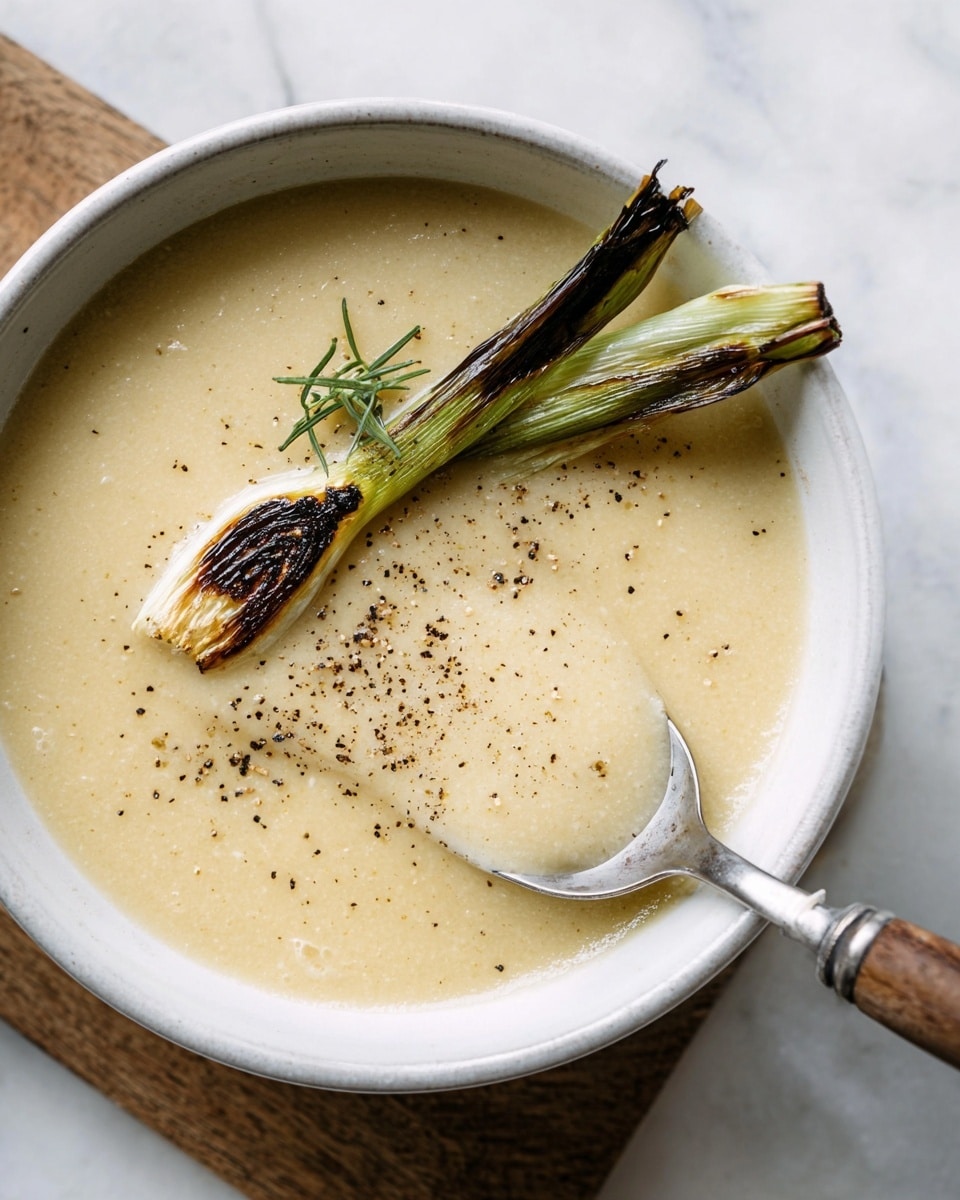 A single bowl of smooth light beige soup fills a white speckled ceramic bowl, sitting on a white plate with a white marbled texture beneath. On the soup’s surface near the center are three small, dark grilled vegetable pieces, which have a slightly burnt look, and a few light green dill sprigs. Black pepper is sprinkled lightly over the top of the soup. To the lower left of the bowl, a wooden-handled spoon rests on a wooden board with a gray cloth nearby. photo taken with an iphone --ar 4:5 --v 7