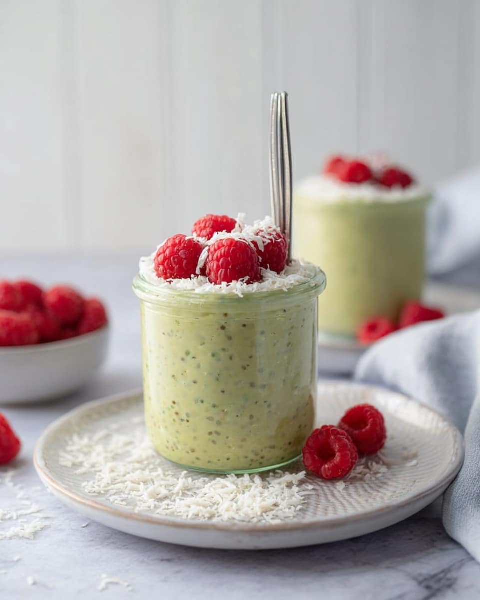 A small clear glass jar is filled with a creamy, light green mixture with small dark seeds visible inside. The top layer is decorated with shredded white coconut and several bright red raspberries arranged on top. The jar sits on a textured white plate. In the background, there is another similar jar with the same green mixture and red raspberries on top, and scattered raspberries rest on the table around the plate. A silver spoon stands upright in the front jar, and the whole scene is set on a white marbled surface with a white wooden background. Photo taken with an iphone --ar 4:5 --v 7