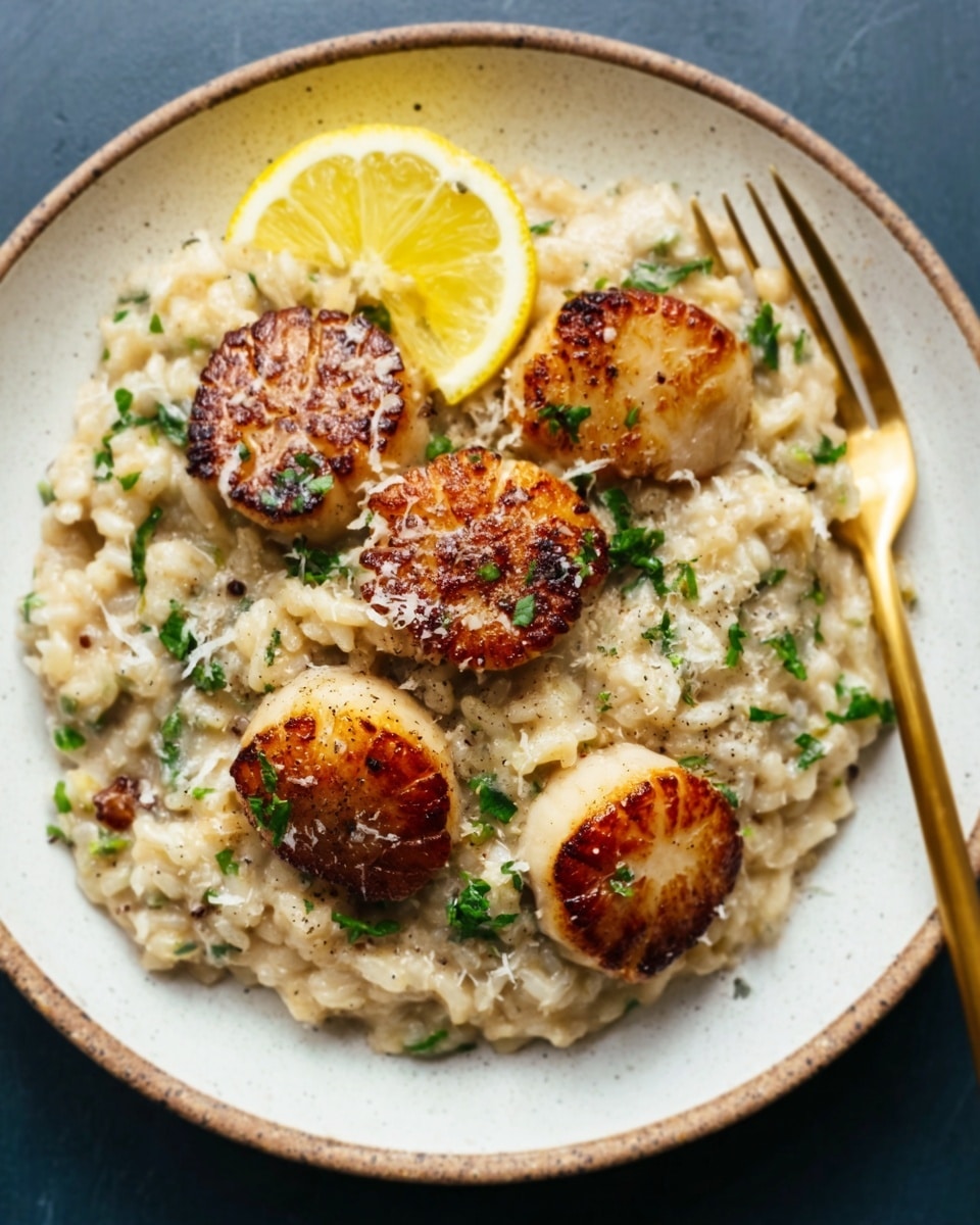 A round white plate sits on a white marbled surface, filled with a creamy risotto base that has light beige and cream colors with some green herbs mixed in. On top, there are five golden brown scallops, each showing slight sear marks and a caramelized texture. A lemon wedge rests at the top edge of the plate, adding a bright yellow color to the scene. A gold fork sits on the right side of the plate. The photo taken with an iphone --ar 4:5 --v 7