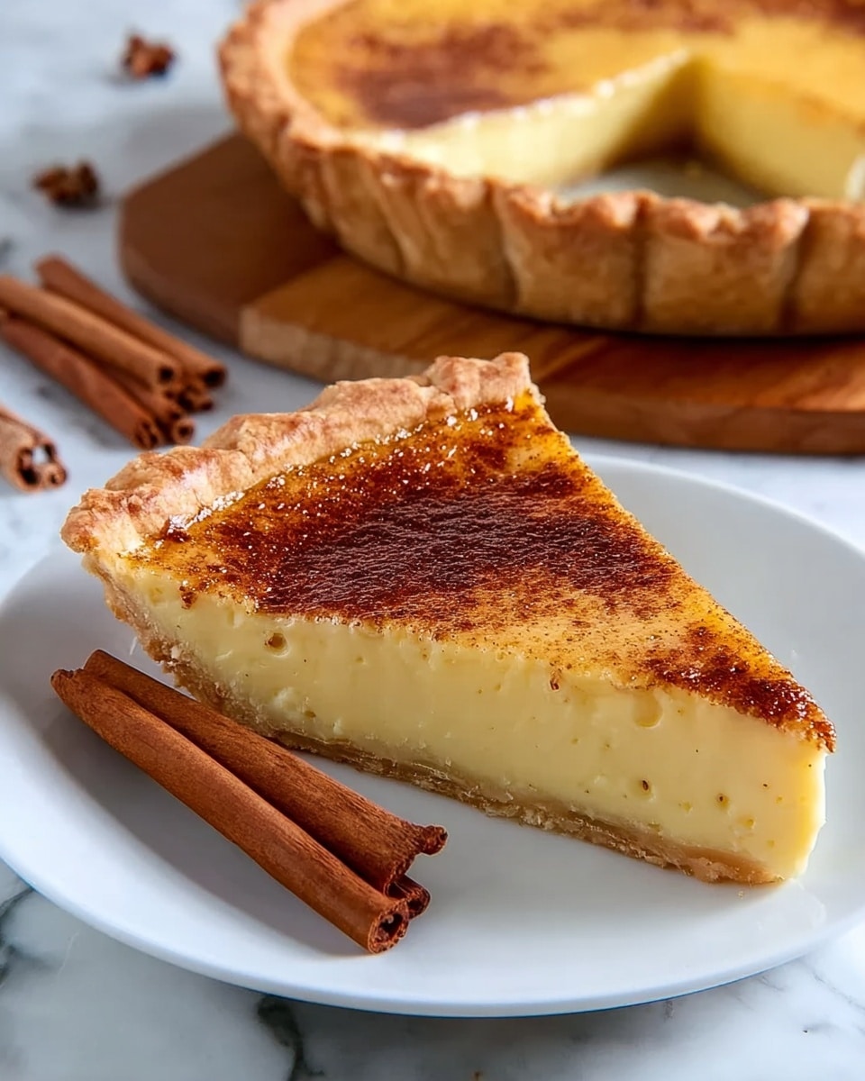 A single slice of pie is placed on a white plate with a short, thick crust rim. The pie has two main layers: the bottom layer is a light brown, smooth filling, and the top layer is a white, fluffy topping with toasted brown spots from being lightly browned. The crust looks slightly golden and flaky. Beside the slice, a small fork is lying flat on the plate, which sits on a white marbled surface. A soft, gray cloth is faintly visible in the background. photo taken with an iphone --ar 4:5 --v 7