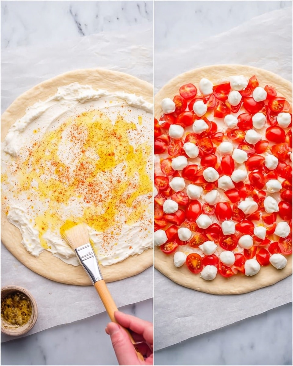The image shows a pizza sliced into eight pieces on a wooden board against a white marbled background. The pizza has a golden-brown crust and is topped with a thick, white mozzarella layer that looks creamy and soft. Scattered evenly over the cheese are small, bright red tomato chunks with a slightly roasted texture. Fresh green basil leaves are placed on top, adding a contrast of color and a fresh look. The melted cheese has a few spots of light golden browning, giving it depth. The overall appearance is fresh and vibrant with a balanced mix of red, white, and green. photo taken with an iphone --ar 4:5 --v 7