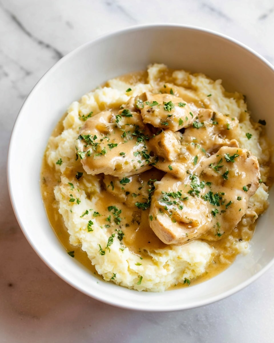 A white bowl holds a dish with two main layers: the bottom layer is creamy mashed potatoes with a soft, slightly chunky texture and pale yellow color, while the top layer has several pieces of cooked chicken with a light beige color, each piece coated in a smooth, glossy light brown gravy. Small green parsley flakes are sprinkled on top of the chicken and potatoes for color contrast. The bowl sits on a white marbled surface. photo taken with an iphone --ar 4:5 --v 7