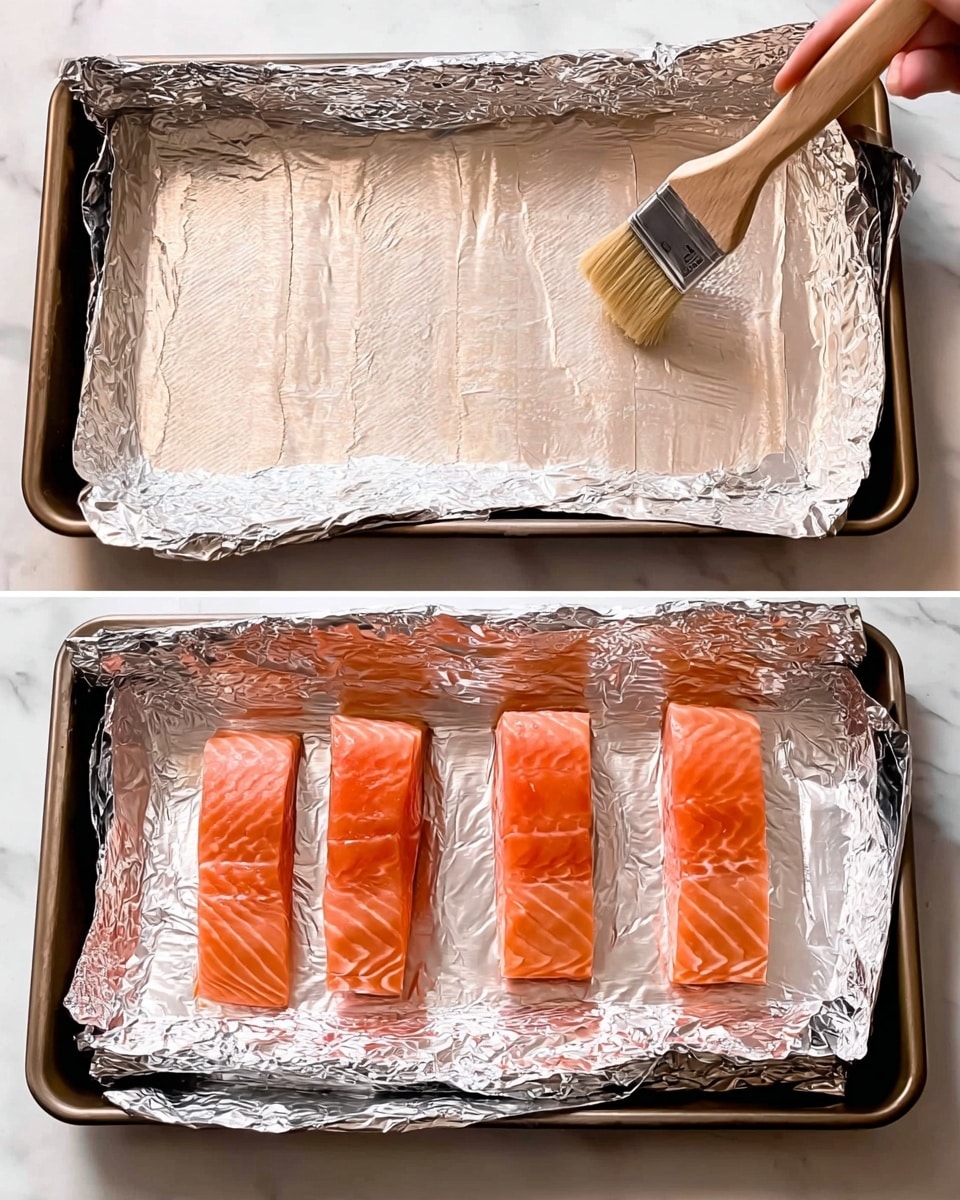 The image shows three steps on a white marbled countertop covered in aluminum foil on a baking tray. The first step displays a plain layer of crinkled aluminum foil spread out neatly inside the tray. The second step shows a woman's hand using a brush to spread a clear layer of oil or butter evenly over the foil's surface, making it shiny. In the final step, four pieces of raw salmon fillets, with a light orange and pink color and visible lines of fish texture, are placed side by side on the greased foil inside the tray. The salmon pieces are thick and fresh-looking, evenly spaced from left to right. Photo taken with an iphone --ar 4:5 --v 7