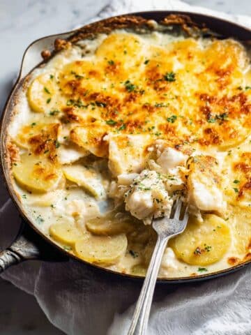 Creamy Fish on Potato Gratin with Crunchy Parmesan Breadcrumb Topping Recipe
