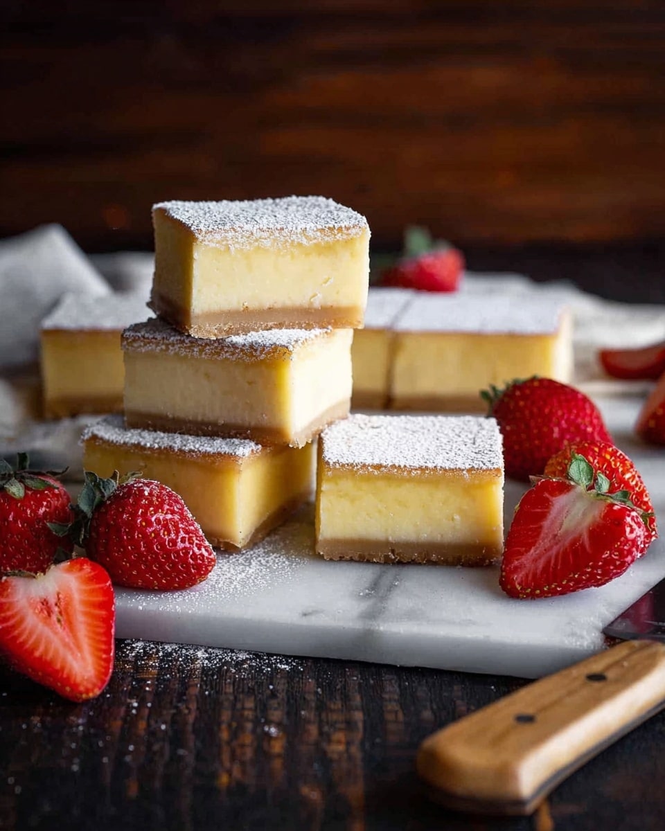 There are several square blocks of a layered dessert with three visible layers: a thick, light yellow middle layer, a slightly darker bottom layer, and a thin, golden-brown top layer dusted with white powder. The dessert pieces are arranged on a white marbled surface, with one piece stacked on another and one piece leaning on the stack. Around the dessert, there are whole and halved bright red strawberries with green tops. To the right, there is a knife with a wooden handle lying flat. The dark wooden background contrasts with the bright dessert and strawberries. Photo taken with an iphone --ar 4:5 --v 7
