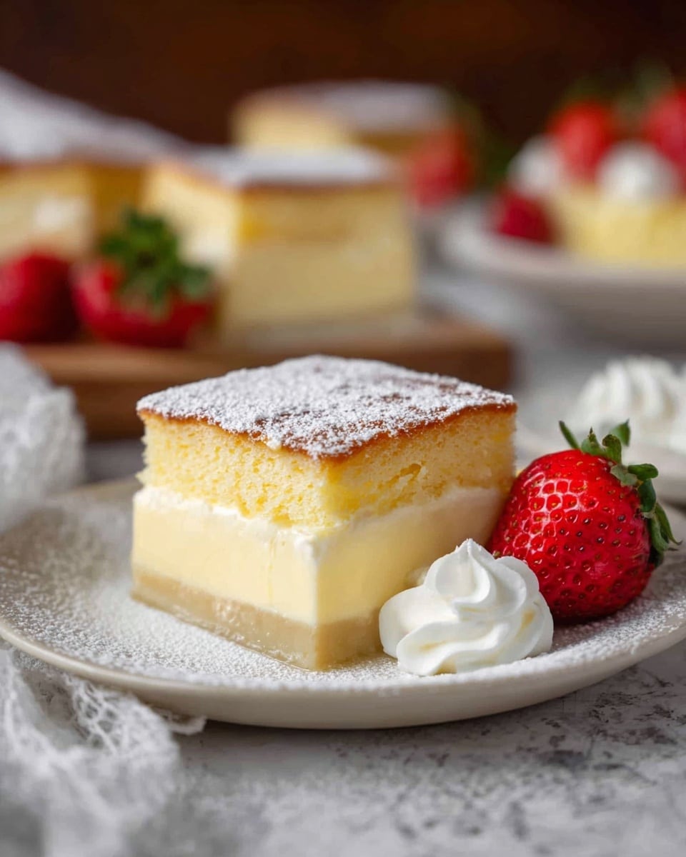 A square dessert with three clear layers sits on a white plate with a white marbled texture underneath; the bottom layer is a light beige custard, the middle layer is a creamy pale yellow custard, and the top layer is a light, fluffy cake dusted with powdered sugar. Next to the dessert is a bright red strawberry with green leaves and a small dollop of white whipped cream. The background shows blurred pieces of the same dessert and more strawberries, giving a cozy and inviting feel. photo taken with an iphone --ar 4:5 --v 7