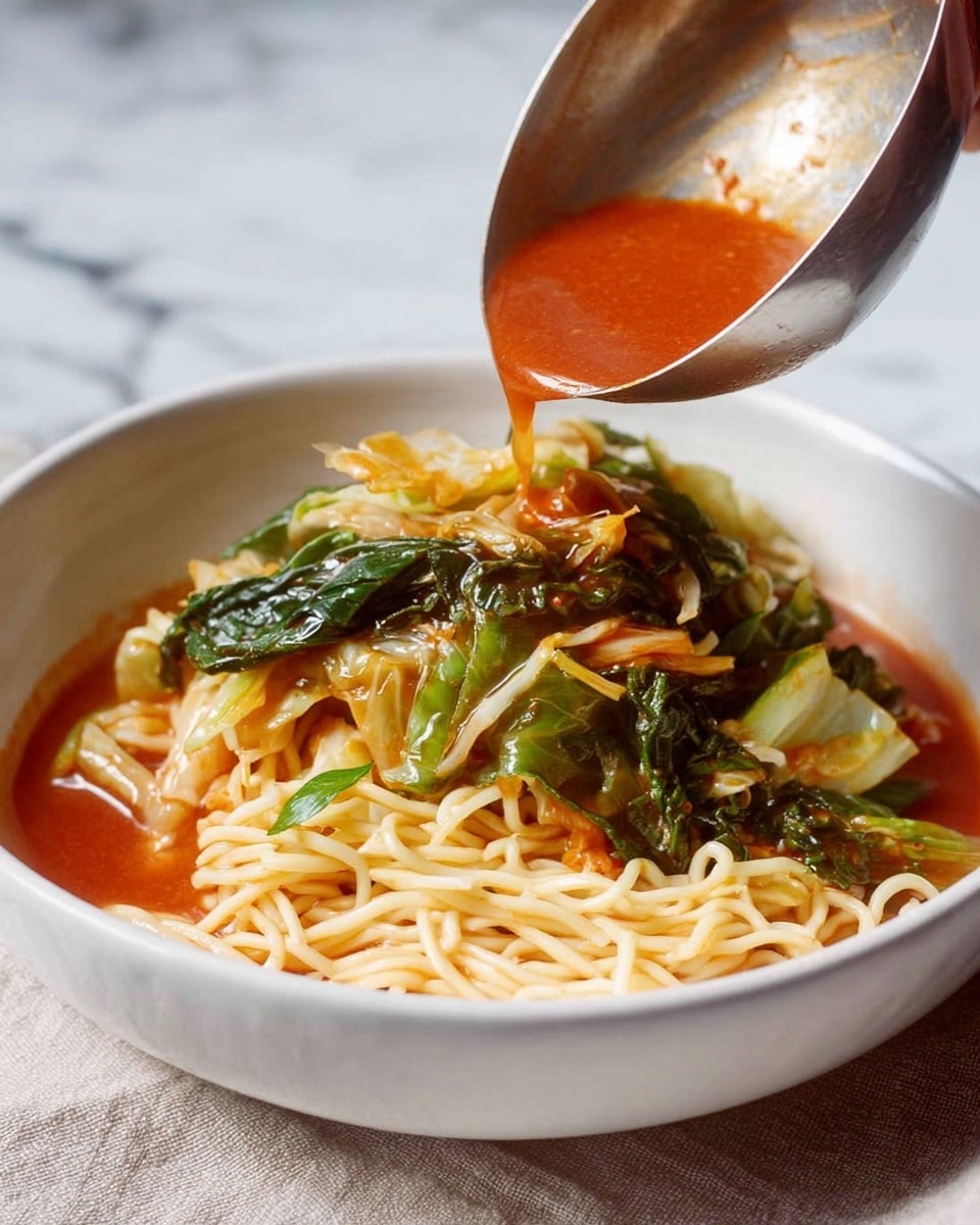 A white bowl filled with bright orange-red soup at the base, with thin light brown noodles swirling through the liquid. On top, there are several pieces of cooked green leafy vegetables, some stalks of green onions, long thin orange carrot sticks, and pieces of cooked cabbage with a light brown color. A white spoon rests inside the bowl on the right side, half-filled with the soup and small green onion bits. The bowl is placed on a white marbled surface with some small green onion pieces scattered around. Another similar bowl is slightly visible in the background, along with a beige cloth under the main bowl. Photo taken with an iphone --ar 4:5 --v 7