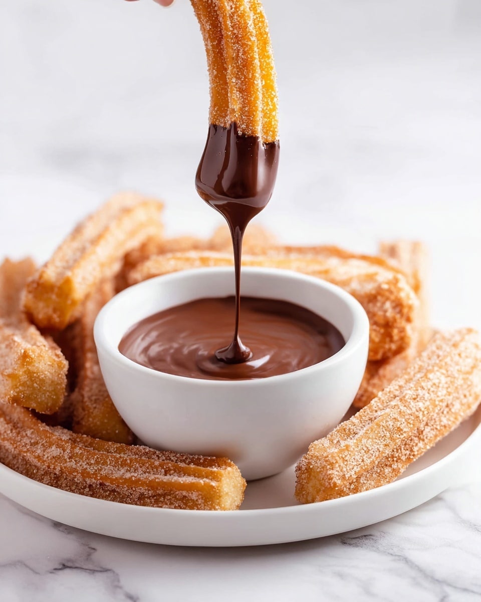 A white round plate holds a ring of golden brown churros coated with sugar and cinnamon, all leaning outward. In the center of the plate is a small white bowl full of smooth, shiny melted chocolate. A single churro is lifted above the bowl by a woman's hand, dipped halfway into the thick chocolate, with chocolate dripping down in a thin stream. The background and surface have a white marbled texture. photo taken with an iphone --ar 4:5 --v 7