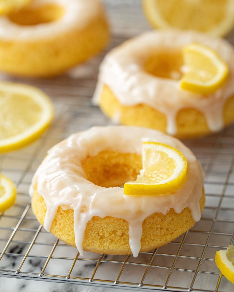 The image shows soft, yellow lemon donuts, each with a white glaze dripping evenly over the top and sides. The donuts have a light, spongy texture visible around the edges. Each donut is decorated with one or two small, bright yellow lemon slices placed on top near the hole in the center. The donuts rest on a silver wire cooling rack, which is placed on a white marbled surface. In the background, blurred lemon wedges and more donuts can be seen, giving the scene a fresh and bright feel. photo taken with an iphone --ar 4:5 --v 7
