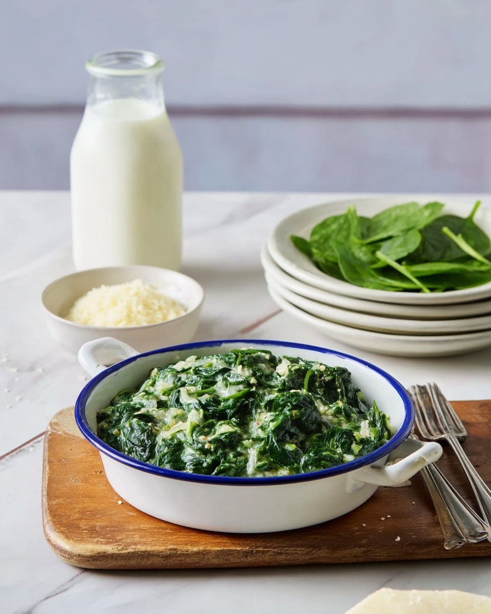 A white pot with a blue rim filled with creamy cooked spinach mixed with small pieces of onion, showing a mix of dark green and light cream colors, sits on a wooden board. Behind the pot, there is a clear glass bottle full of white cream and two stacked white plates with a light speckled rim. To the left, a small white bowl holds light beige grated cheese, and fresh spinach leaves are partially visible. The scene is set on a white marbled surface with soft natural lighting. Photo taken with an iphone --ar 4:5 --v 7