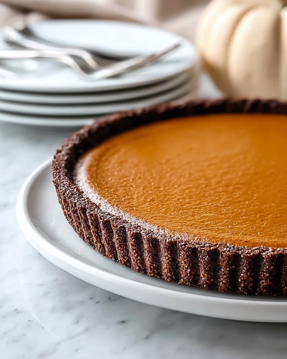 The image shows a round tart with two layers: a dark brown, textured crust that has ridged sides, and a smooth, glossy orange-brown filling that sits evenly inside the crust. The tart is placed on a white plate, which rests on a white marbled surface. In the background, there is a stack of white plates and some forks, slightly blurred, along with a pale pumpkin. The lighting is soft and natural, highlighting the shine and smoothness of the filling and the rough texture of the crust. photo taken with an iphone --ar 4:5 --v 7