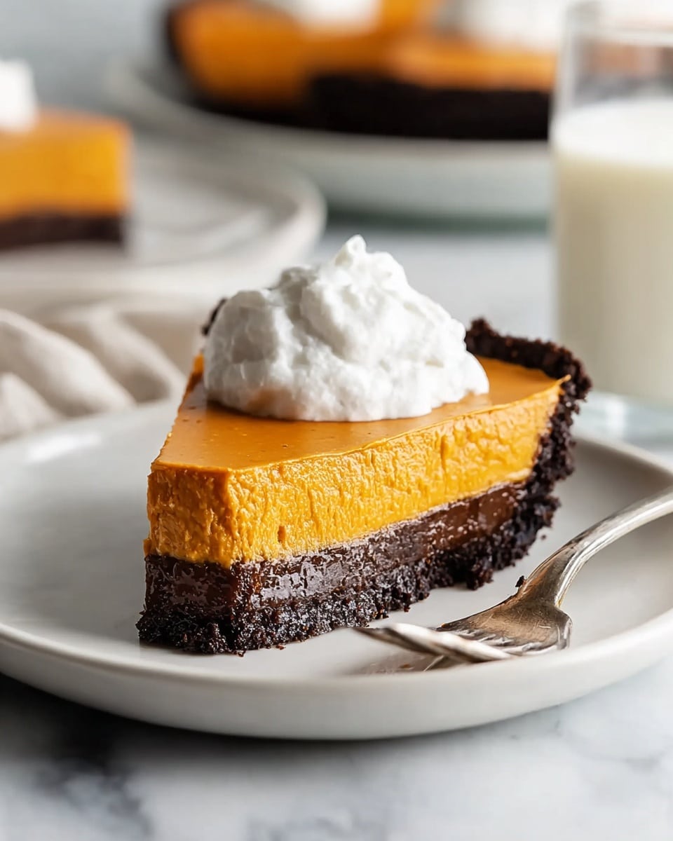 A single slice of pie on a white plate is shown. The pie has two clear layers: a thick, smooth, orange filling on top and a dark, crumbly crust at the bottom. A dollop of white whipped cream sits on top of the orange filling, adding a soft texture to the visual. A shiny fork lies next to the pie slice on the plate. In the background, there is a blurred view of more pie slices and a glass of milk on a white marbled surface. The photo taken with an iphone --ar 4:5 --v 7