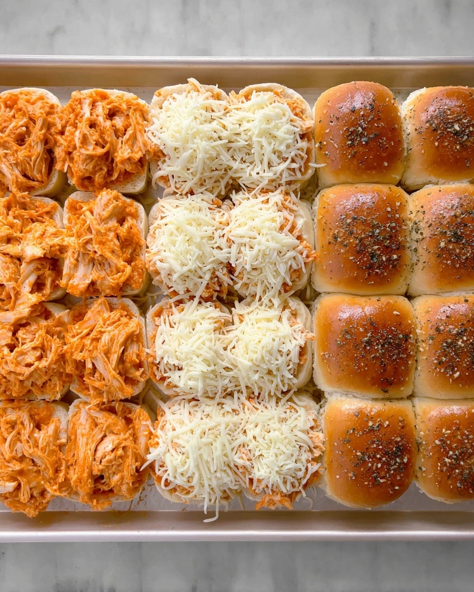 The image shows three stages of making sliders in a white baking tray on a white marbled surface. In the first stage on the left, there are eight bottom buns laid out, each topped with a thick layer of orange shredded chicken. In the middle stage, each bun with chicken is covered with a generous amount of white shredded cheese, fully covering the chicken below. The last stage on the right shows the sliders all closed with golden brown tops, sprinkled with black pepper and herbs, creating a shiny and slightly textured look. photo taken with an iphone --ar 4:5 --v 7
