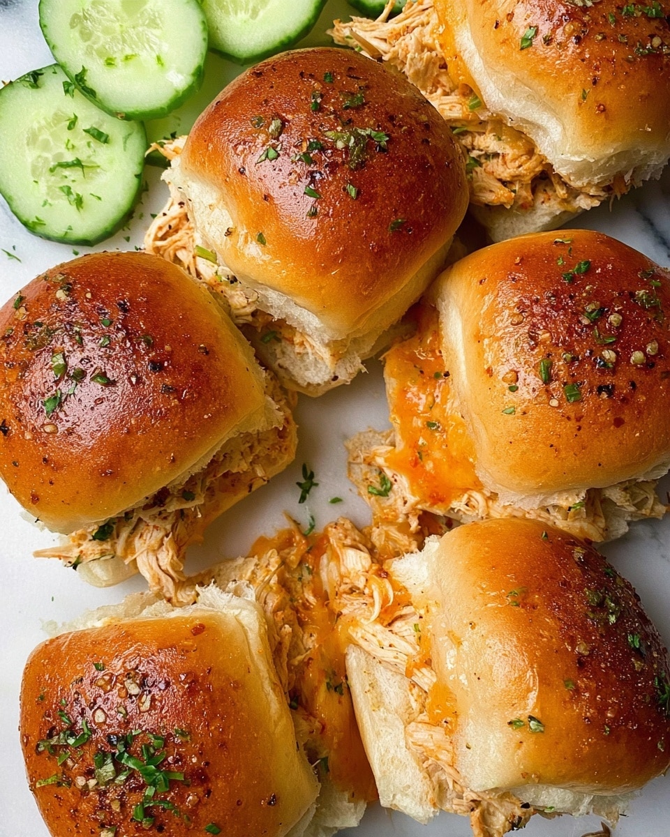 The image shows seven golden brown sandwich slider buns with a shiny, lightly toasted top sprinkled with herbs and seasoning. Inside each bun, there is a filling made of shredded, moist chicken mixed with melted cheese that appears creamy and slightly orange from a sauce, with some cheese stringing out from the sides. The buns are arranged closely together on a white marbled surface with some chopped herbs scattered on top and around them. In the upper left corner, there are fresh green cucumber slices casually placed next to the sliders, adding a fresh contrast to the warm sandwiches. Photo taken with an iphone --ar 4:5 --v 7