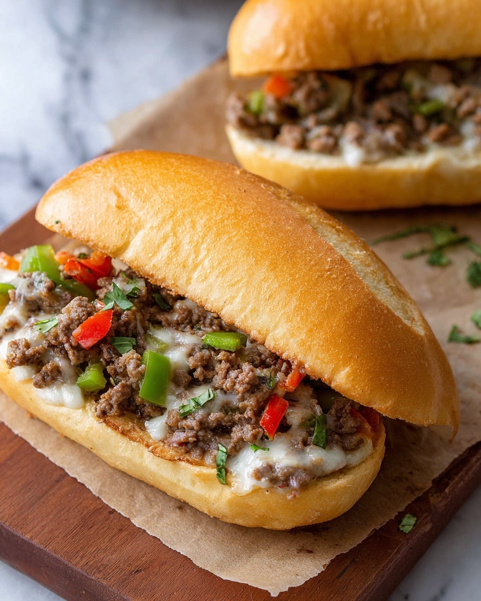 The image shows two sandwiches with golden brown soft buns. Inside each bun, there is a layer of cooked ground meat mixed with melted white cheese, green bell peppers, and red bell peppers. Small pieces of cooked onions and fresh green herbs are scattered throughout the filling, adding texture and color. The sandwiches rest on light brown parchment paper placed on a wooden cutting board, which is set on a white marbled surface. The overall look is hearty and fresh, with warm, inviting colors and a tender, slightly toasted bun. photo taken with an iphone --ar 4:5 --v 7