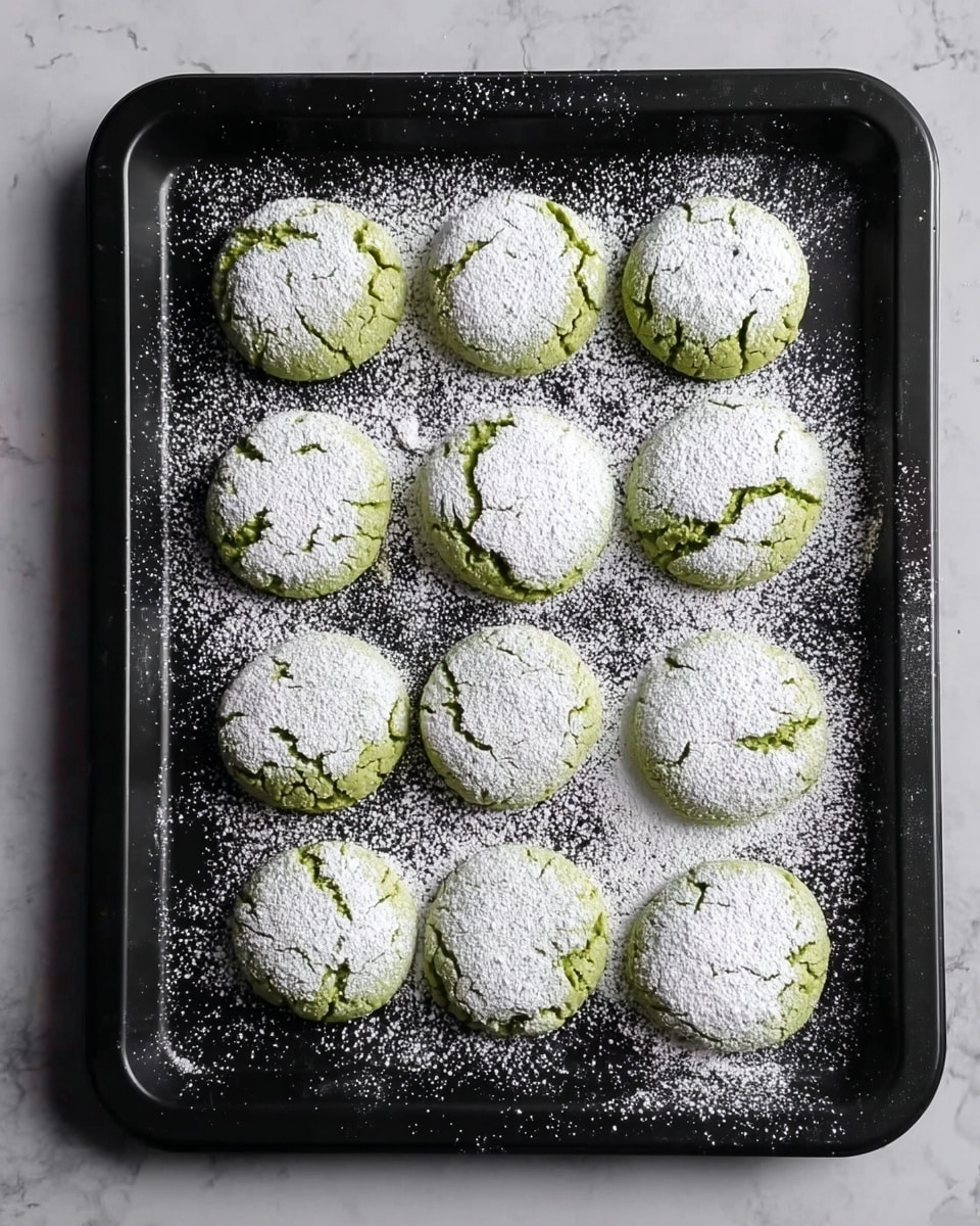 A round green cookie with a cracked texture on top is held by a woman's hand. The cookie is sprinkled with white powdered sugar in segments that highlight the cracks, creating a pattern like flower petals. At the center of the cookie, there is a shiny red cherry adding a bright contrast. The background shows a white marbled texture with soft, warm light spots blurred in the distance. photo taken with an iphone --ar 4:5 --v 7