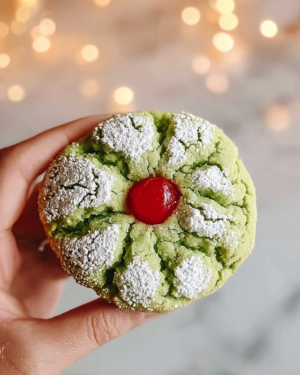The image shows a stack of three green cookies with a cracked surface, each cookie dusted with white powdered sugar in a way that highlights the cracks. The cookies have a soft texture with a bright green color underneath the white sugar. The stack is placed on a white marbled surface, with the focus on the detailed texture of the tops and edges of the cookies. The background is softly blurred to keep all attention on the cookies. photo taken with an iphone --ar 4:5 --v 7