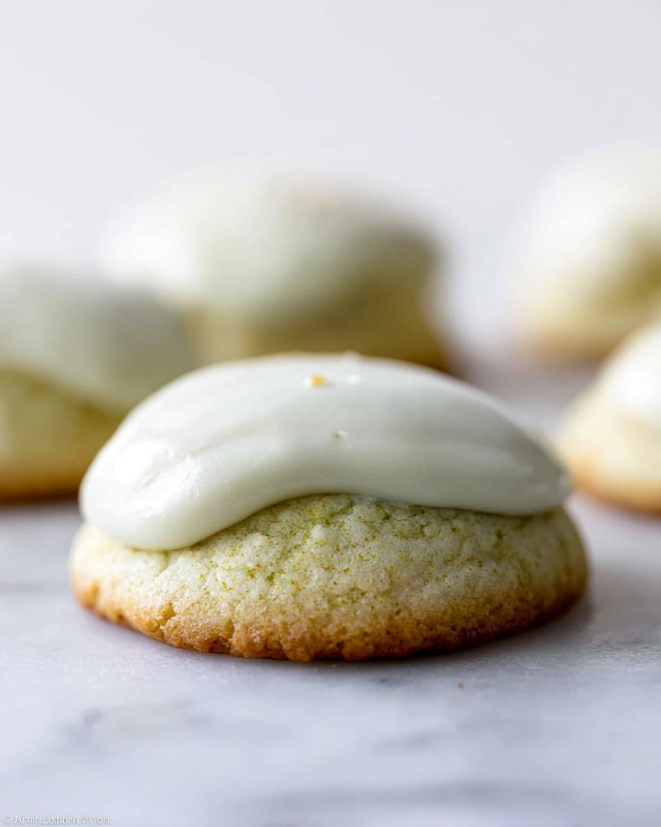 A close-up of small round cookies stacked in a white bowl, each cookie having a pale green base with small dark specks, topped with a smooth, slightly glossy white icing that gently drips down the sides. One cookie is held above the others, showing a bite taken out of it, revealing a soft, crumbly interior with bits of pistachio and other small nuts inside. The bowl rests on a white marbled surface. photo taken with an iphone --ar 4:5 --v 7