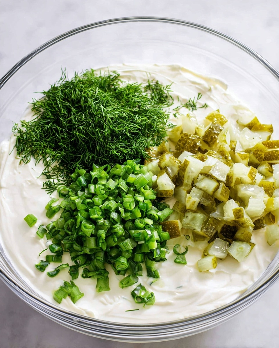 The dish shows a white textured bowl filled with three visible layers: a smooth creamy white layer at the bottom, a thick crumbly reddish-brown topping covering most of the surface, and small chunks of green pickles along with sprigs of fresh green dill scattered evenly on top. The bowl sits on a white marbled surface surrounded by crinkled golden-brown potato chips. In the background, some whole orange carrots lie beside the bowl, adding a touch of color. Photo taken with an iphone --ar 4:5 --v 7