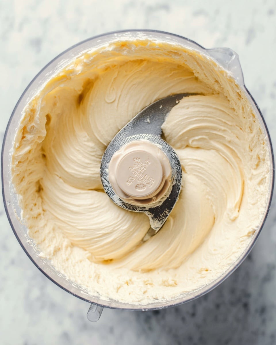 A close-up view of a food processor bowl filled with a smooth, creamy, pale yellow mixture. The mixture has a thick, whipped texture with soft swirls all around. In the center, there is a silver metal blade with a round, light beige plastic piece on it that shows the brand name and some text. The bowl is clear, and the background has a white marbled texture. photo taken with an iphone --ar 4:5 --v 7