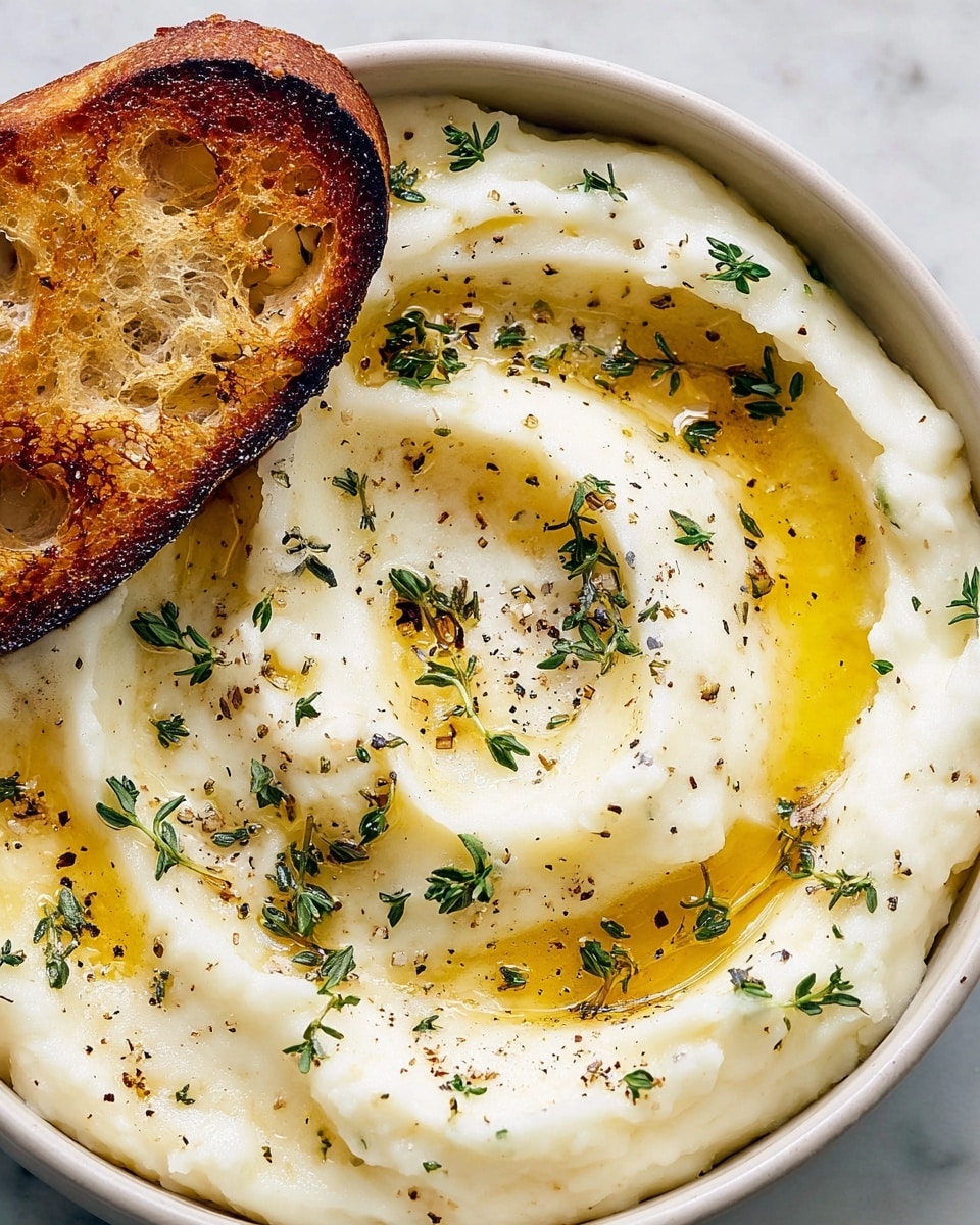 A close-up of a small gray bowl filled with smooth, creamy white dip swirled in a circular pattern, topped with small fresh green herb leaves, a light drizzle of golden olive oil, and scattered black pepper and coarse salt. The bowl sits in the center of a large white plate with eight pieces of toasted golden brown bread around it, showing a crispy texture and some charred spots. The background is a white marbled surface. photo taken with an iphone --ar 4:5 --v 7