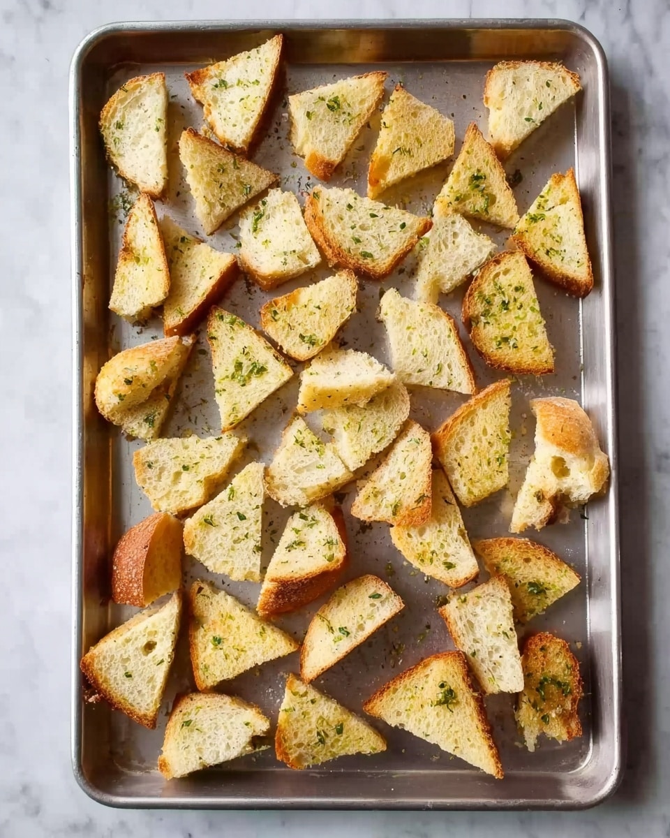 A metal baking tray holds many small, irregular triangle-shaped pieces of bread. Each piece has a golden-brown top crust with some light yellow seasoning and green herbs sprinkled on it. The inside of the bread looks soft and pale yellow. The tray rests on a white marbled surface. Photo taken with an iphone --ar 4:5 --v 7