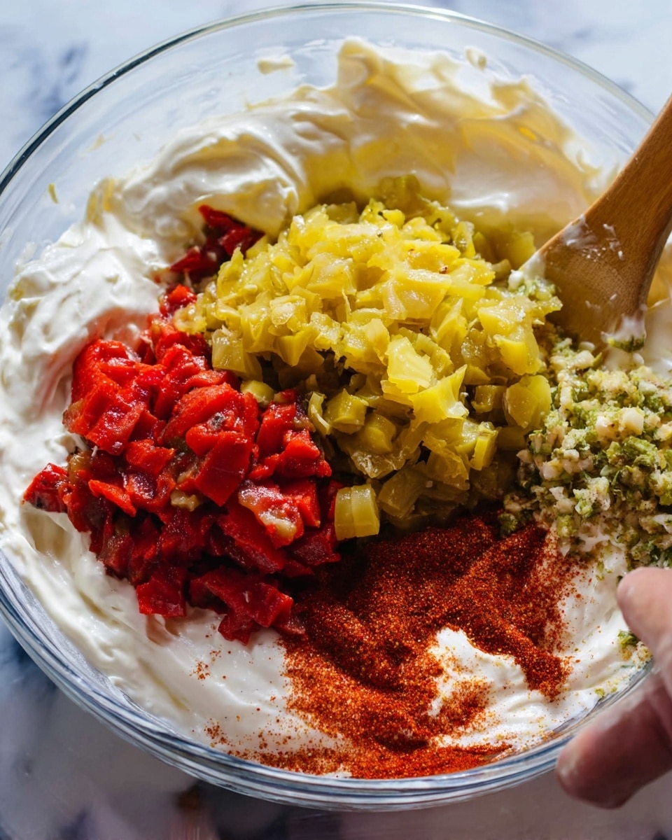 A square white dish with green handles is filled with a creamy dip that has a swirled top layer showing smooth, soft texture mixed with chunks of red and green peppers spread throughout. Behind the dish, there are jars of sliced tamed jalapeno peppers and roasted bell peppers, along with a package of cream cheese partly visible. To the left, a white bowl holds square crispy crackers stacked loosely. The background features a white marbled surface and blue cloth with a checkered pattern under the jars and dish. Photo taken with an iphone --ar 4:5 --v 7