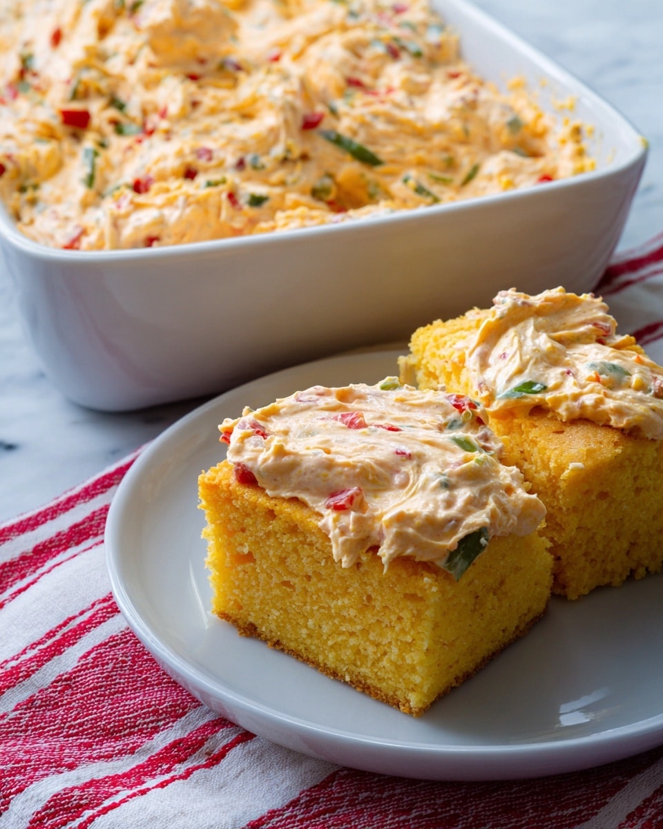 Two pieces of golden yellow cornbread sit side by side on a white plate placed on a white marbled surface with a red and white striped cloth underneath. One piece of cornbread has a thick layer of creamy, light orange spread on top, mixed with bits of green and red vegetables. Behind the plate, there is a white rectangular dish filled with more of the same spread, showing a creamy texture with visible red and green pieces mixed in. The edges of the spread in the dish show soft peaks and swirls, giving a rich look. photo taken with an iphone --ar 4:5 --v 7