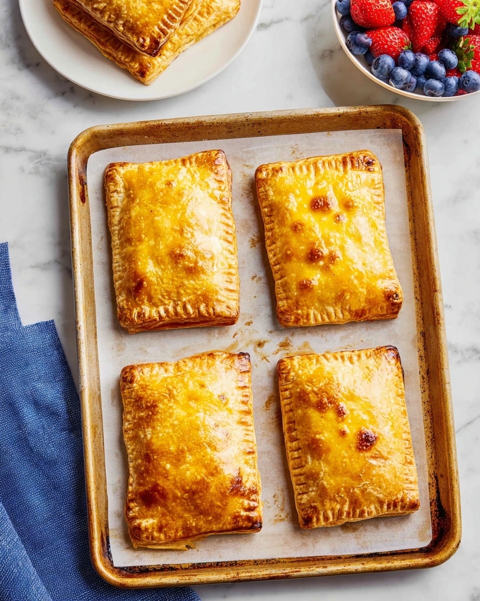 A stack of five golden brown puff pastries sits on a set of two white plates with subtle gold rims, placed on a white marbled surface. The bottom four pastries are whole with a crimped edge texture, showing flaky layers of crisp, light golden crust. On top, two halves of a puff pastry are positioned to reveal the filling inside — soft scrambled eggs mixed with diced red peppers and small pieces of sausage, making the interior bright yellow with hints of red and brown. Scattered small green chive pieces lay around the plates and white marbled background, with a partially visible blue-striped cloth in the lower-left corner and a glass of orange juice and green onions blurred in the background. Photo taken with an iphone --ar 4:5 --v 7