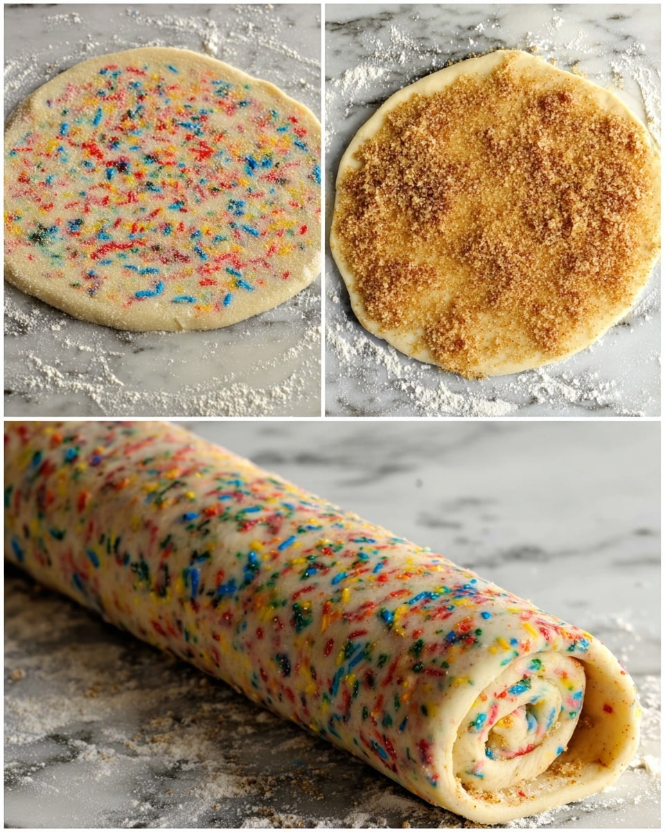 The image shows three steps of making rolled dough with colorful sprinkles. The first step is a flat round dough layer spread out, with bright red, blue, yellow, and green sprinkles mixed inside the pale dough and placed on a white marbled surface with some flour scattered around. The second step shows the same dough circle covered evenly with a layer of brown sugar on top, creating a textured golden layer with hints of the sprinkles peeking through near the edges. The third step shows the dough rolled into a log shape, with the sprinkles visible inside the spiral and the cinnamon sugar-coated layer wrapped on the outside, placed on the same white marbled surface. photo taken with an iphone --ar 4:5 --v 7