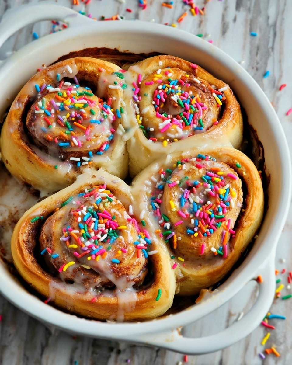 The image shows four thick cinnamon rolls placed close together in a white round dish with handles. Each roll has visible golden brown edges and lighter dough inside, layered with a cinnamon swirl. They are topped with a light glaze that looks shiny and slightly dripped down the sides. Bright rainbow sprinkles, including red, yellow, green, blue, pink, and white, cover the tops of the rolls, adding vibrant colors. The dish rests on a white marbled surface, with some cinnamon rolls slightly touching the edge, showing a cozy homemade feel. photo taken with an iphone --ar 4:5 --v 7