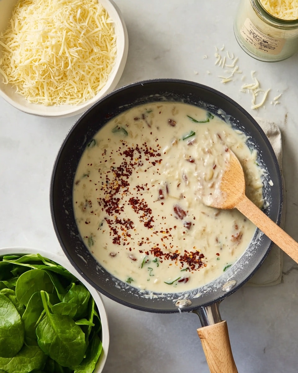 A black frying pan holds a creamy white sauce mixed with small bits of ingredients, lightly swirled with dark red spices scattered across the surface. A wooden spoon rests inside the pan, partially submerged in the sauce, showing a smooth yet slightly chunky texture. Nearby, a white bowl is filled with grated light yellow cheese, sitting next to another white bowl full of fresh green spinach leaves. The items are arranged on a white marbled surface, and a glass jar with a label is also visible in the upper right corner. Photo taken with an iphone --ar 4:5 --v 7