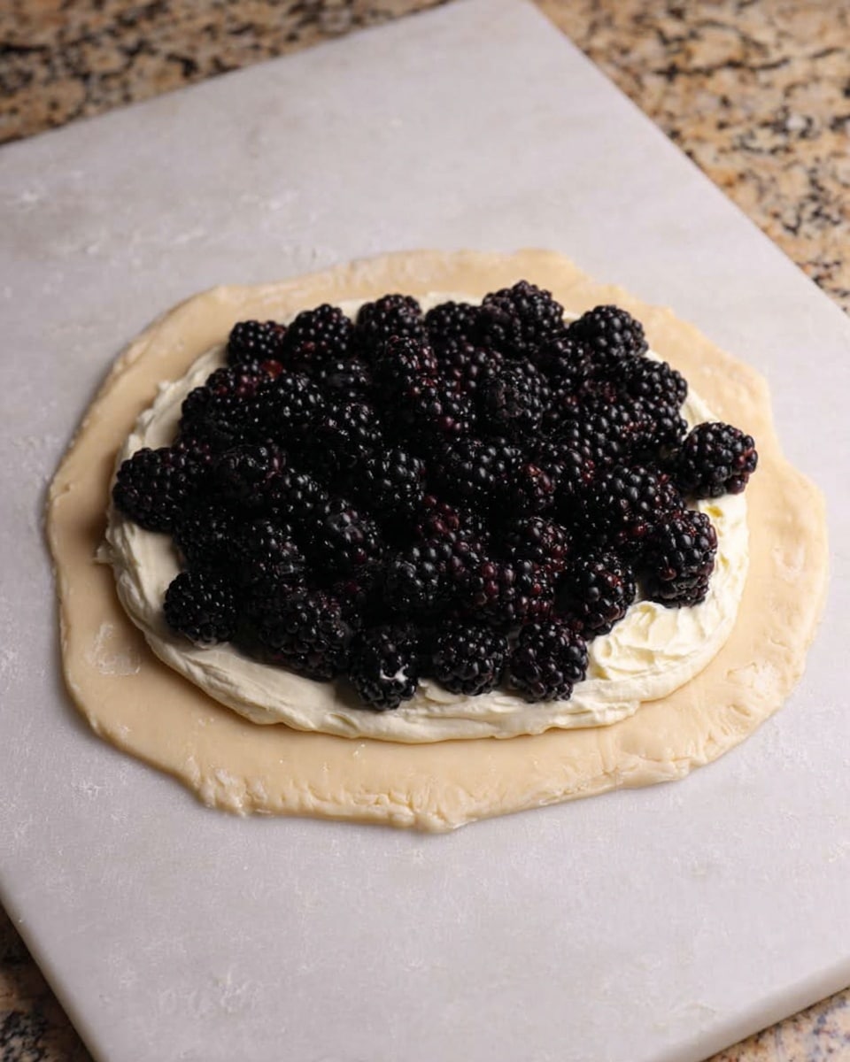 A flat round pastry dough is laid on a flat surface with a rough, uneven edge. On top of the dough, there is a ring of creamy white filling spread evenly in a circular shape, leaving a border of dough outside. Above the cream layer, there is a pile of fresh, dark blackberries clustered tightly in the center, forming a mound with rich, textured surfaces. The whole setup is on a white marbled textured countertop. Photo taken with an iphone --ar 4:5 --v 7