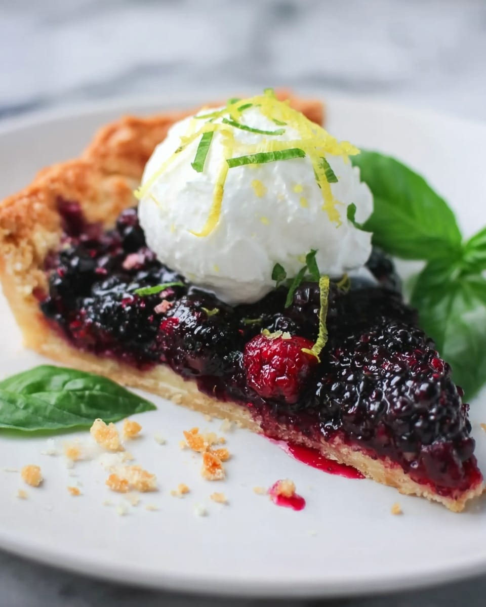A rustic blackberry tart with one visible layer of rough golden-brown crust folded unevenly around the edges holding a single layer of dark purple-black ripe blackberries tightly packed in the center with some juice seeping around them, all placed on a white marbled surface dusted lightly with flour, photo taken with an iphone --ar 4:5 --v 7