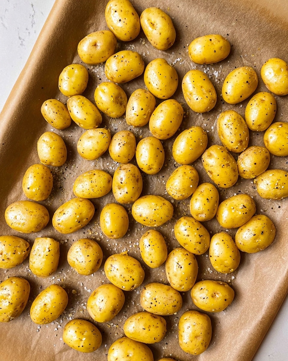 A white bowl filled with roasted small potatoes, cut in half, showing golden brown and slightly crispy skins. The potatoes are topped with thin strands of light yellow cheese and scattered bright green fresh parsley leaves. Around the bowl, on a white marbled surface, there are more roasted potatoes on parchment paper with a black spatula partially visible. The scene gives a warm and cozy feeling with soft natural light. Photo taken with an iphone --ar 4:5 --v 7