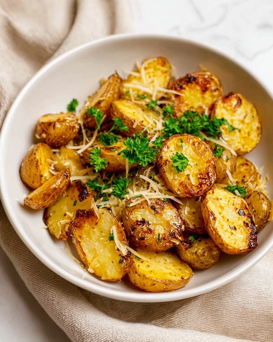 A white bowl holds a serving of small roasted potato halves, showing a golden brown and crispy skin with some darker char spots. The potatoes are scattered evenly and lightly sprinkled with thin, pale yellow grated cheese. Bright green parsley leaves are spread on top as a fresh garnish. The bowl rests on a soft beige cloth with a white marbled texture underneath, adding a clean and simple background. Photo taken with an iphone --ar 4:5 --v 7